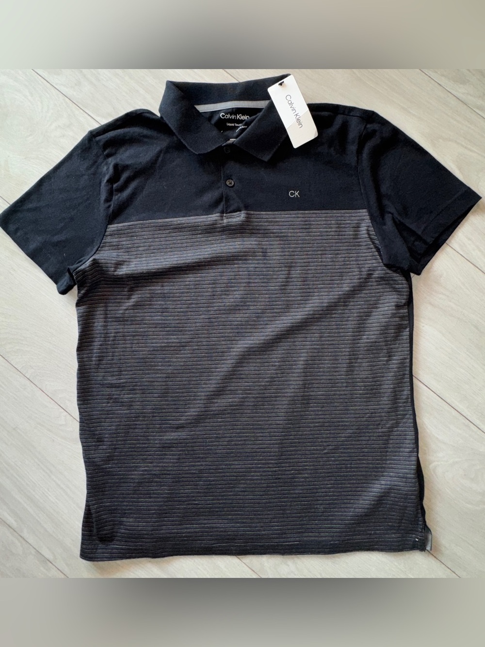 Calvin Klein Liquid Touch Polo Shirt Men’s Med. Black Striped 100% Cotton NWT